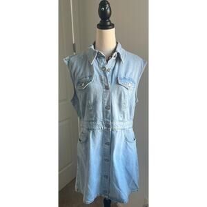 NWT ZARA Light Wash Denim Mini Sleeveless Button Down Cotton Pockets Dress XL